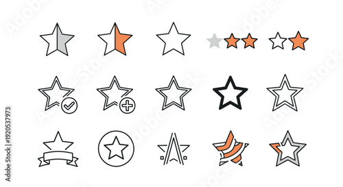 A collection of star icons in various styles, representing ratings, favorites, and quality.