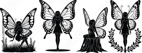 Black vector silhouette set of beautiful winged fairies and forest nymphs in various poses for fantasy storytelling magical garden invitations and mystical nature branding