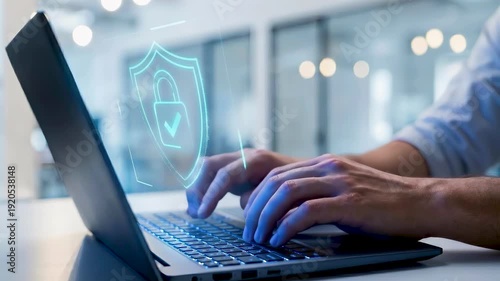Businessperson laptop computer cybersecurity data protection secure access encrypted network connection system padlock icon shield firewall privacy technology solution software management office