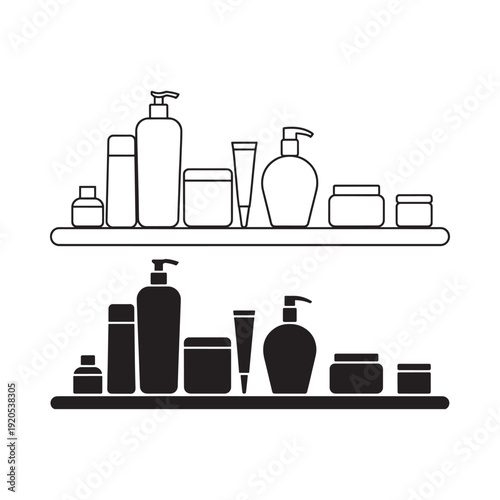 Black and white illustration of skincare products arranged on shelves