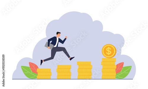man jumping over increasing stacks of golden coins representing business revenue growth and financial success