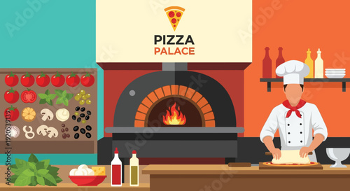 Chef preparing pizza in a modern pizzeria kitchen with brick oven