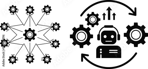Central gear system with arrows, artificial intelligence automation concept illustration, customer service AI agent artwork, machine learning design, technology process symbol