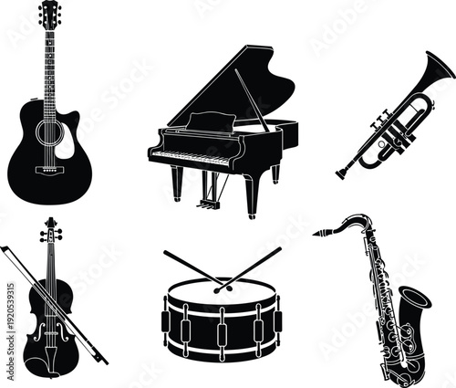 Black vector silhouette set of classical and jazz musical instruments including acoustic guitar grand piano trumpet violin snare drum and saxophone for band branding