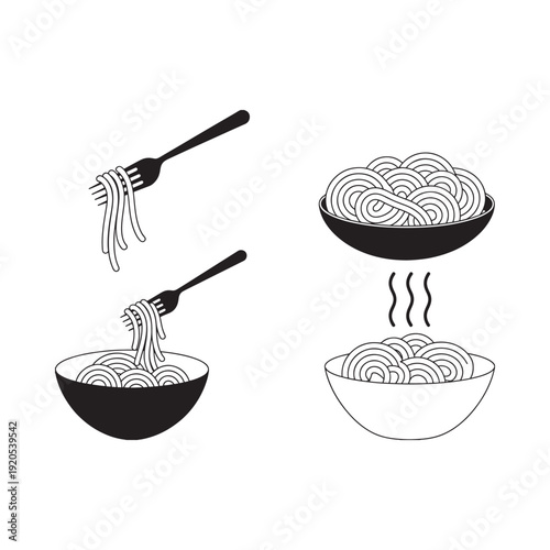 Minimalist illustration of pasta being lifted from bowls with forks
