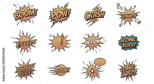 A collection of comic book style sound effect bursts and action words like Boom, Pow, and Crash, on a white background, perfect for graphic design.