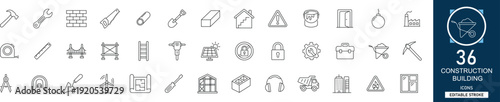Construction building line icon set with 36 icons  construction, building, architecture, tools, engineer, crane, house, industry. Clean linear vector, editable stroke for projects.
