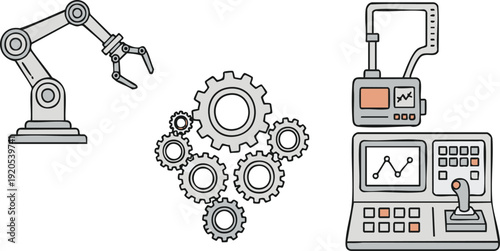 Industrial automation elements robotic arm, gears, and control panel for manufacturing processes