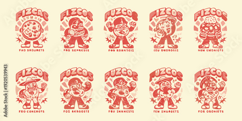 Vintage fizco character illustrations in a repeating grid pattern