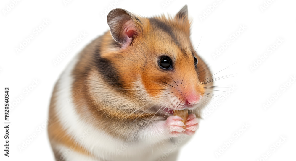 Obraz premium Adorable fluffy golden hamster nibbling on food in a close-up portrait, isolated on a clean white background with copy space