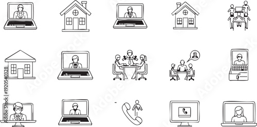 Collection of line art icons representing virtual meetings, homes, and communication devices