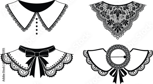 Black vector silhouette set of decorative detachable collars featuring intricate lace patterns embroidery polka dots and elegant ribbon bows for vintage fashion design branding