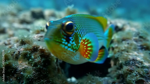 Cute underwater video of colorful juvenile clown triggerfish swimming peacefully around a coral reef environment in tropical ocean waters