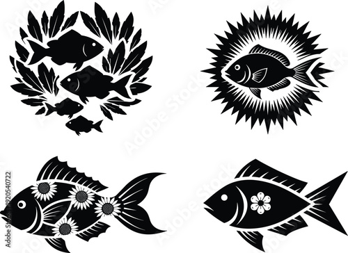 Black vector silhouette set of decorative fish icons with floral patterns and sunburst frames for seafood restaurant menus aquarium logos and aquatic nature branding