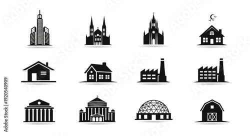 Collection of Diverse Building Silhouettes Icons Representing Architecture.