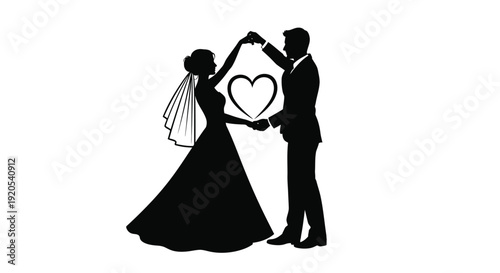 Silhouette of a bride and groom forming a heart with their embrace