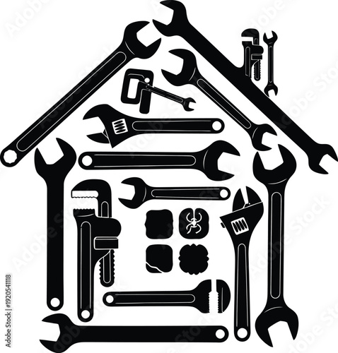 A pure black silhouette where the outline of a simple house is cleverly constructed or adorned with various wrench shapes, representing home repair, construction, or maintenance, on a white background
