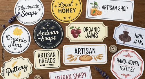 Collection of handmade artisan product labels and tags.