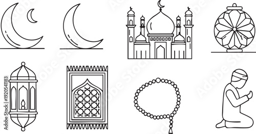 Outline vector icons for Islamic and Ramadan. Features mosque, crescent, prayer mat, beads, lantern, and praying figure, ideal for religious and cultural themes