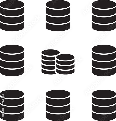 Database and server icon set, data storage and cloud computing vector silhouettes