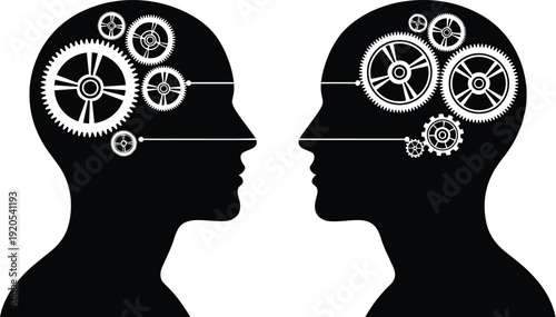 Two human head silhouettes with gears, conceptual illustration of communication, idea transfer and collaboration artwork, cognitive process design, abstract thinking symbol
