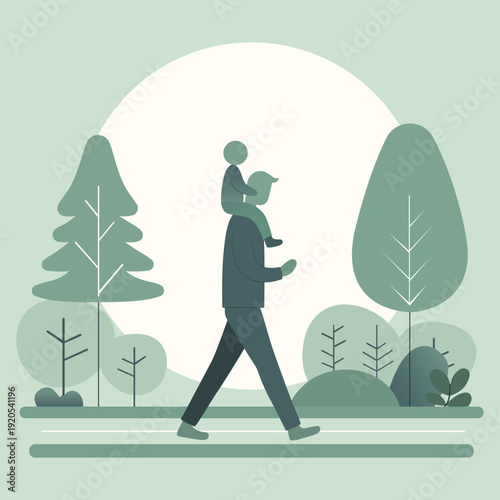 Father walking with child on his shoulders in park landscape with trees and nature
