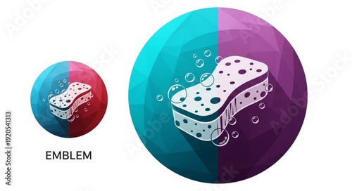Cleaning sponge with bubbles and water drops emblem.