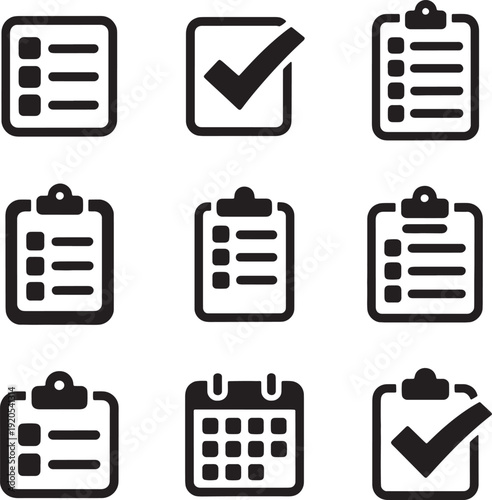 Checklist and clipboard icon set, planning calendar and survey checkmark vector silhouettes