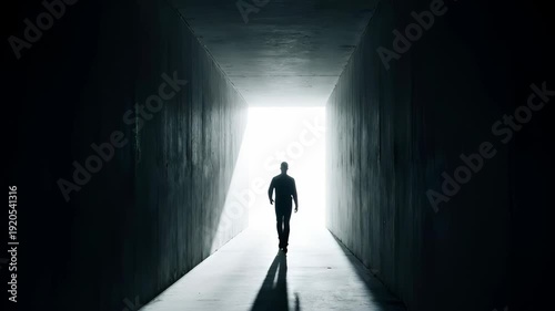 Wallpaper Mural Man walking through a dark tunnel towards a bright light. Journey, hope, and new beginnings concept. Torontodigital.ca