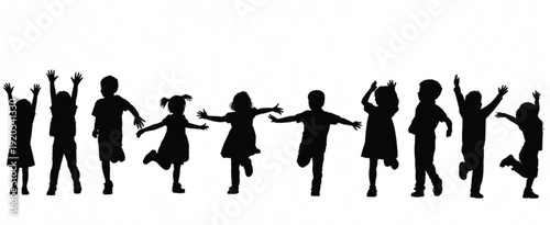 Black vector silhouette set of diverse young children boys and girls running jumping and playing in various energetic poses for school and childhood branding