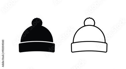 Two winter beanies depicted in contrasting black and white line art