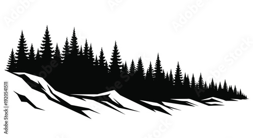 Silhouetted evergreen forest and snowy hillside landscape illustration
