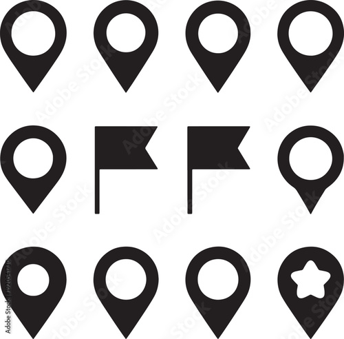 Map marker and flag icon set, location pin and navigation pointer vector silhouettes