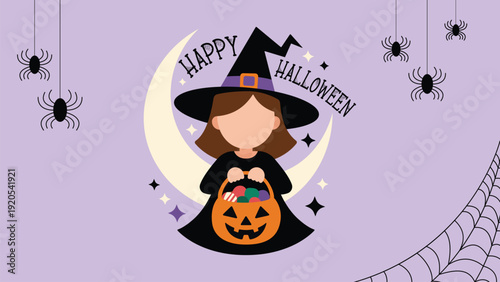 Cute witch with candy basket on moon, happy halloween text, flying spiders, hanging web