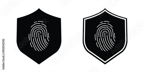 A fingerprint icon on a shield symbolizes security and protection. Vector illustration