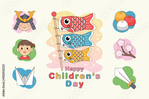 Happy children's day japanese festival symbols with koi fish streamers and samurai helmet