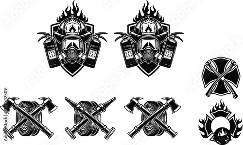 Black vector silhouette set of firefighter emblems including gas masks helmets fire extinguishers axes and hoses for fire department and emergency rescue service branding