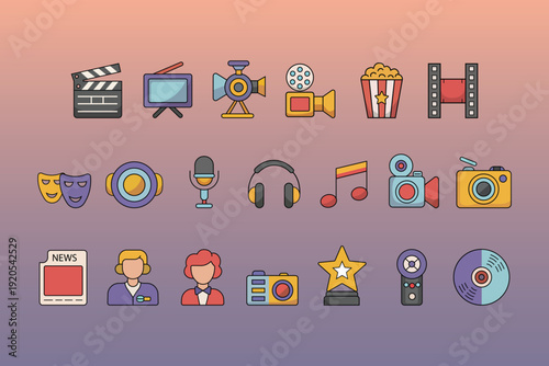 Set of vector media and entertainment icons with various symbols of creativity and news