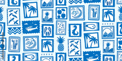 Blue and white postage stamp pattern featuring tropical imagery