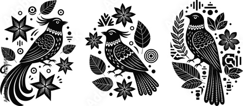 Black vector silhouette set of folk art birds decorated with intricate patterns surrounded by floral elements and leaves for ethnic nature and traditional 