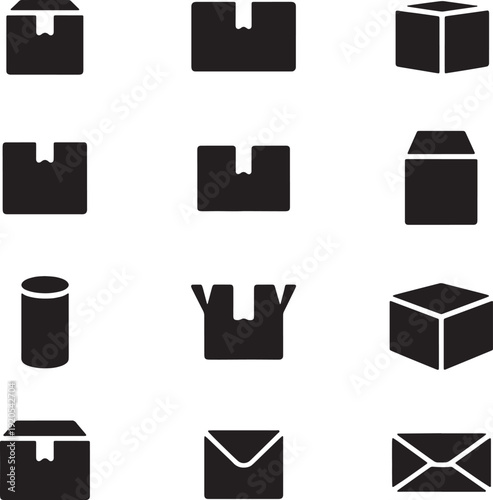 Shipping and packaging icon set, cardboard box, mail envelope and delivery vector silhouettes