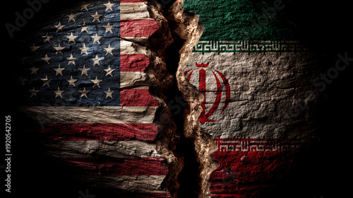 rift between usa and iran diving apart. rift symbolizing us iranian conflict and tensions