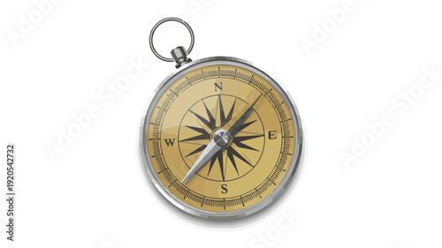 Isolated classic metallic navigation compass, a precise tool for direction guidance, travel, and exploration on white