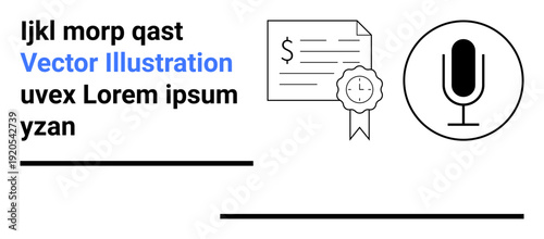 Certifications, awards, broadcasting, podcasting, public speaking, communication. Minimalist icons of a certificate, badge and microphone. Certifications and broadcasting concept