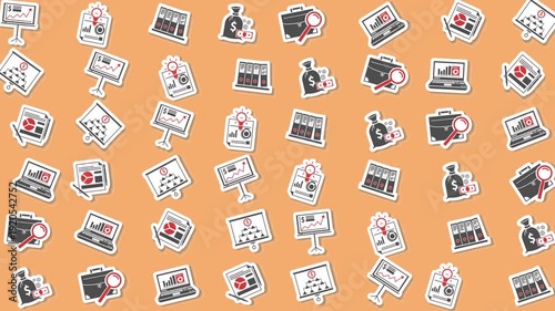Businessthemed icons on an orange background featuring computers, graphs, and moneybags suitable for presentations, websites, and promotional materials.