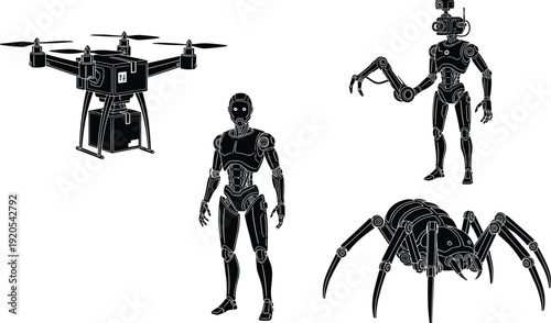 Black vector silhouette set of futuristic technology including a delivery drone humanoid robot security droid and mechanical spider for artificial intelligence and automation branding