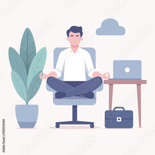 Man meditating in office chair, promoting work-life balance and mindfulness at work