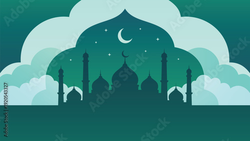 Beautiful islamic mosque silhouette with crescent moon stars and clouds for holy ramadan kareem