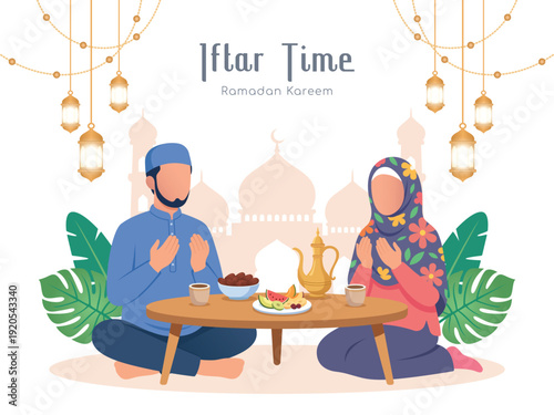 Muslim couple praying together at iftar time during ramadan kareem celebration banner