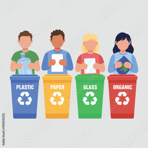 People recycling waste sorting plastic paper glass organic trash in different bins illustration